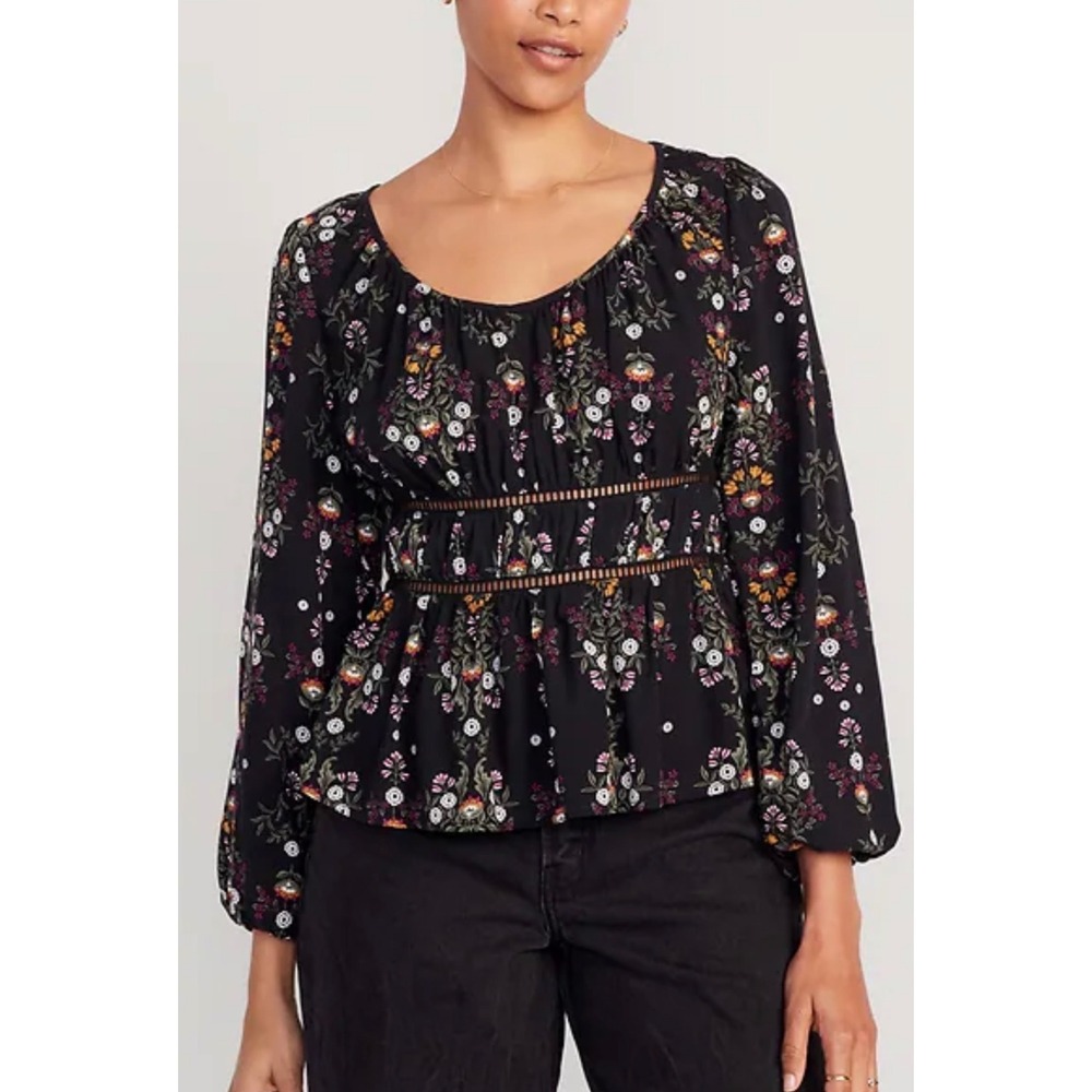 Old Navy Black Floral Peasant Blouse Lace Trim Smocked Peplum Boho Top XXL